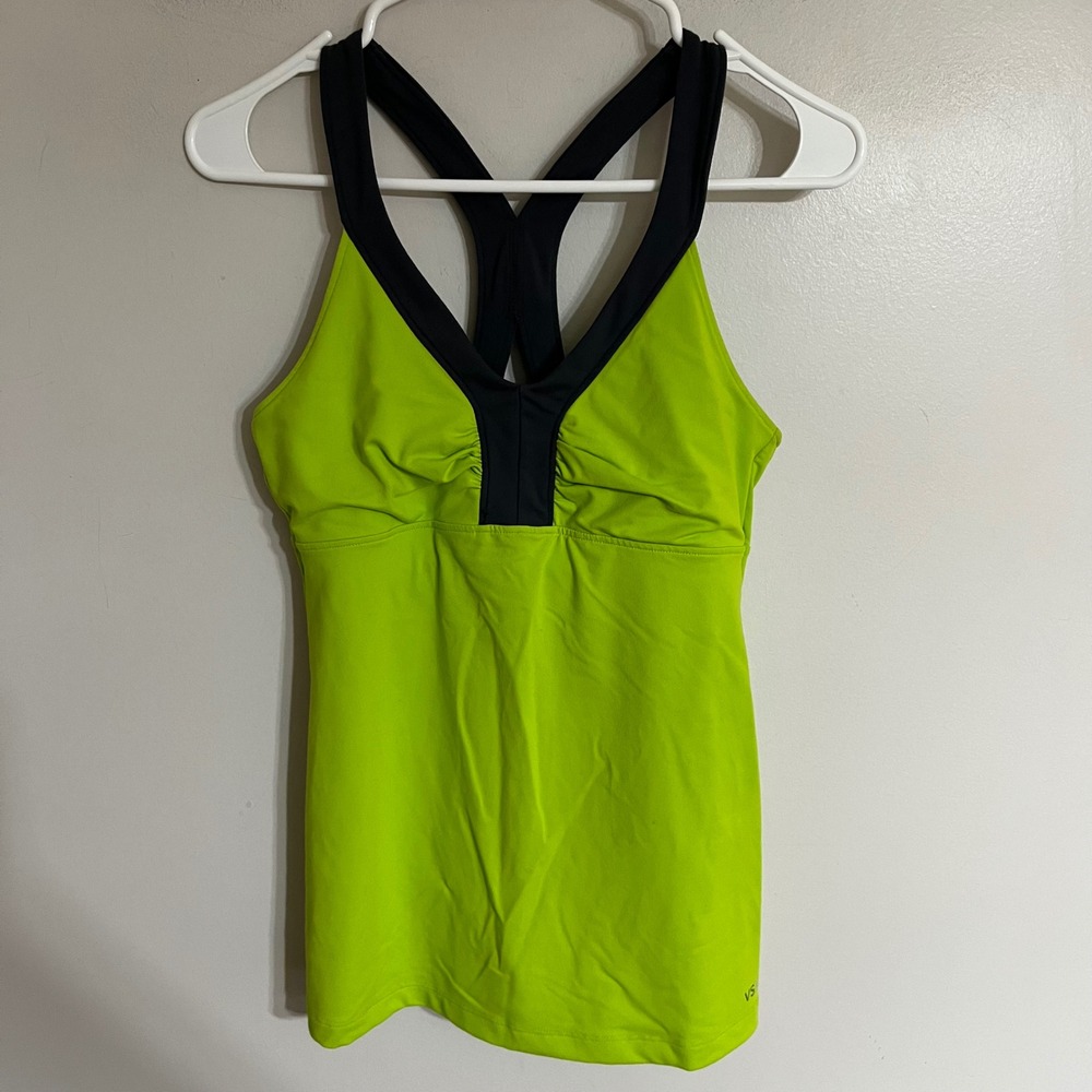 VSX Victoria's Secret Sport Tank Top Neon Lime Green Black Racerback Small Y2K